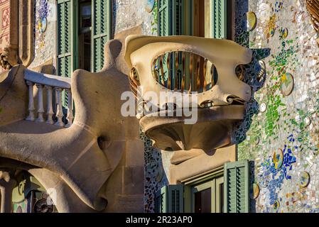Balcony of the facade of the Casa Batlló in a shape of a barn owl skull designed by Antoni Gaudí (Barcelona, Catalonia, Spain) Stock Photo
