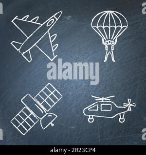 Military air force icon set on chalkboard. Aviation and satellite symbols. Vector illustration. Stock Vector