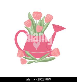 Vector illustration of a watering can with tulips isolated from the background. Summer romantic picture with flower bouquets in a metal vase. Gardenin Stock Vector