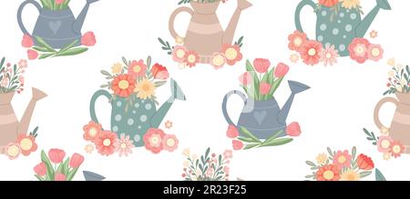Vector, seamless pattern with watering cans with tulips and wildflowers on white background. Summer romantic texture with floral bouquets in vases. Stock Vector