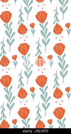 Vector seamless pattern with simple orange folk art flowers and stems on a white background. Floral rustic texture for fabrics and tablecloths. Stock Vector