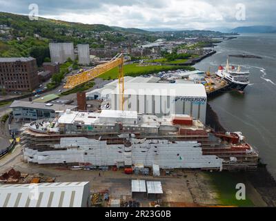 Port Glasgow, Scotland, UK. 16 May 2023. Latest aerial  images of Ferguson Marine shipyard in Port Glasgow with Glen Sannox and Hull 802. Stock Photo