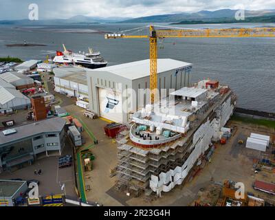 Port Glasgow, Scotland, UK. 16 May 2023. Latest aerial  images of Ferguson Marine shipyard in Port Glasgow with Glen Sannox and Hull 802. Stock Photo