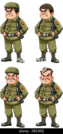 Set of grumpy army officer cartoon character illustration Stock Vector