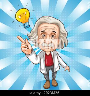 Albert Einstein cartoon character on retro comic background illustration Stock Vector