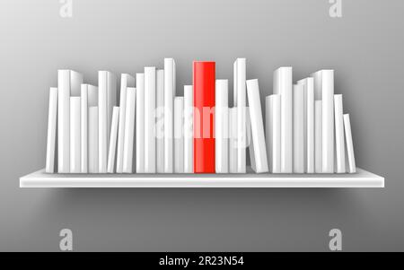 Realistic shelf mockup with white and red books isolated on background. Vector illustration of 3D bookshelf hanging on wall, literature with blank spine standing in library, bookstore or at trade fair Stock Vector