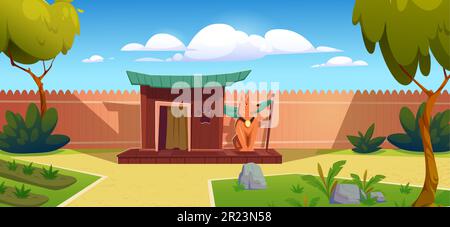 Cute cartoon doghouse on backyard vector design. Dog character sitting near house on back yard with tree and stone. Wooden fence and domestic pet security in garden. Green grass nature in summer Stock Vector