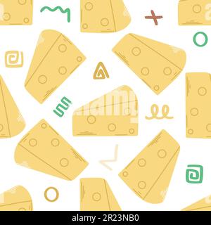 Simple cheese seamless pattern. Cheese triangles with holes background. Print cheese, scribbles, doodle elements. Flat design, vector illustration Stock Vector