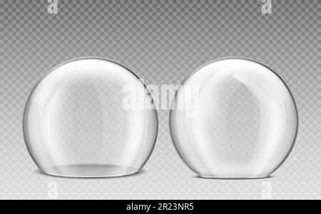 Glass dome, transparent plastic sphere. Vector realistic mockup of empty protection cover, clear acrylic bell jar. Exhibition display case isolated on transparent background Stock Vector