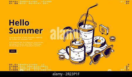 Milkshake cocktails isometric landing page, milk shake drinks in glass jar and plastic cup with straw, donut and sunglasses, sweet dairy beverage, hello summer concept 3d vector line art web banner Stock Vector