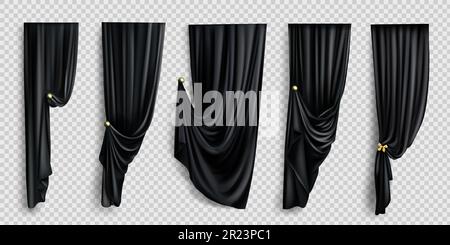 Black window curtains set, folded cloth for interior decoration isolated on transparent background. Soft lightweight clear material, fabric drapery of different forms. Realistic 3d vector illustration Stock Vector