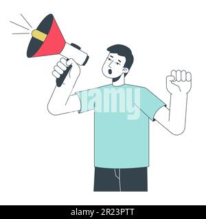 Asian young man shouting megaphone flat line color vector character Stock Vector
