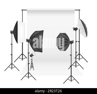 backdrop in photo studio with flashes and softboxes on tripods indoors ...