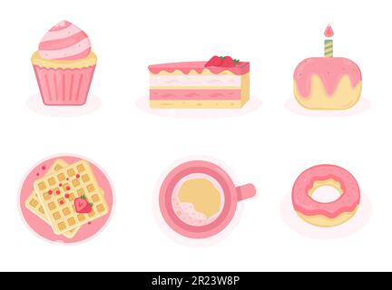 Sweet pink desserts, flat design style vector illustration cake, muffin, coffee, waffles Stock Vector