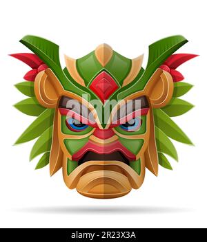 tiki mask hawaiian ancient tropical totem head face idol made of wood vector illustration isolated on white background Stock Vector