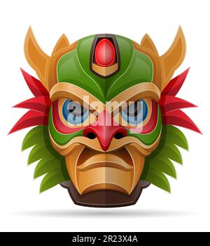tiki mask hawaiian ancient tropical totem head face idol made of wood vector illustration isolated on white background Stock Vector
