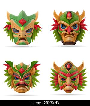 tiki mask hawaiian ancient tropical totem head face idol made of wood vector illustration isolated on white background Stock Vector