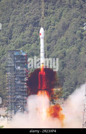 Xichang. 17th May, 2023. A new BeiDou navigation satellite carried by a Long March-3B carrier rocket is launched from the Xichang Satellite Launch Center in southwest China's Sichuan Province May 17, 2023. The satellite, designed to enter the geostationary earth orbit, is the 56th of the BeiDou family and also the first backup satellite for the country's BeiDou-3 Navigation Satellite System. Credit: Zhu Lei/Xinhua/Alamy Live News Stock Photo