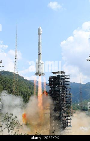 Xichang. 17th May, 2023. A new BeiDou navigation satellite carried by a Long March-3B carrier rocket is launched from the Xichang Satellite Launch Center in southwest China's Sichuan Province May 17, 2023. The satellite, designed to enter the geostationary earth orbit, is the 56th of the BeiDou family and also the first backup satellite for the country's BeiDou-3 Navigation Satellite System. Credit: Yang Zhiyuan/Xinhua/Alamy Live News Stock Photo