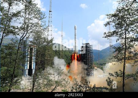 Xichang. 17th May, 2023. A new BeiDou navigation satellite carried by a Long March-3B carrier rocket is launched from the Xichang Satellite Launch Center in southwest China's Sichuan Province May 17, 2023. The satellite, designed to enter the geostationary earth orbit, is the 56th of the BeiDou family and also the first backup satellite for the country's BeiDou-3 Navigation Satellite System. Credit: Yang Zhiyuan/Xinhua/Alamy Live News Stock Photo