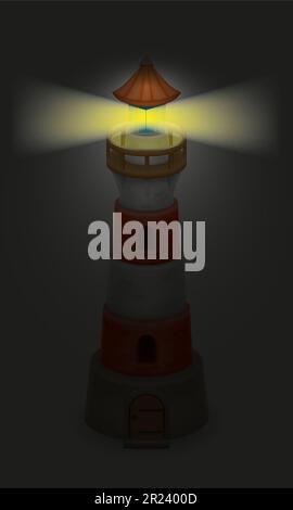 old stone lighthouse for signaling ships at night vector illustration isolated on white background Stock Photo