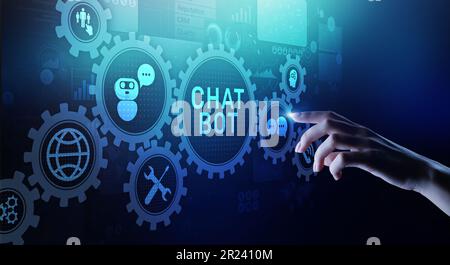 Chatbot computer program designed for conversation with human users over the Internet. Support and customer service automation technology concept. Stock Photo