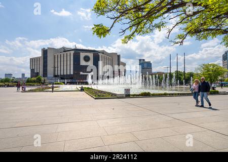 Sofia, Bulgaria. May 2023. panoramic view of the fountains in front of the National Palace of Culture in the city center Stock Photo