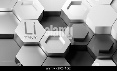 3D rendering of hexagonal crystal lattice of Lithium metal. Industrial honeycomb metallic material production background. Realistic grey metal illustr Stock Photo