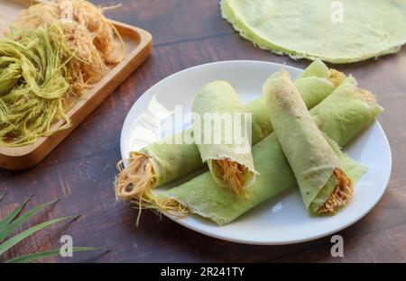 Roti Saimai - Thai dessert of cotton candy burrito pancake or crepe at close up view Stock Photo