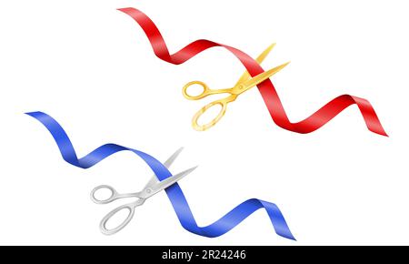 scissors cutting a satin ribbon at an opening or ceremony vector illustration isolated on white background Stock Vector