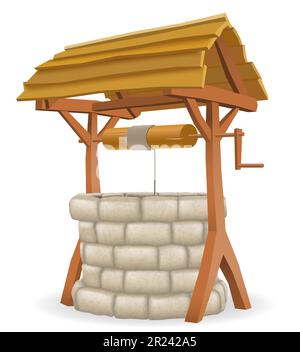 stone water well with wooden roof vector illustration isolated on white background Stock Vector