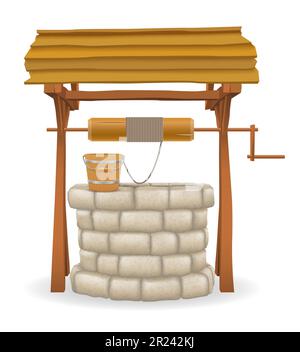 stone water well with wooden roof vector illustration isolated on white background Stock Vector