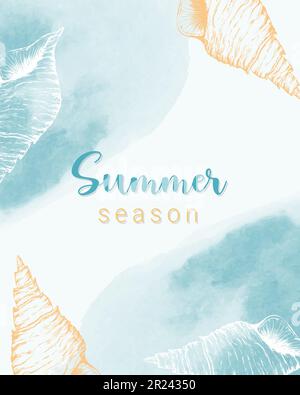 Summer Season vertical banner card with seashell hand drawn on watercolor background. Vector illustration Stock Vector