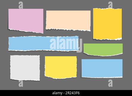 Set of paper note ripped strips isolated background. Paper page scraps with torn edges. Stock Vector