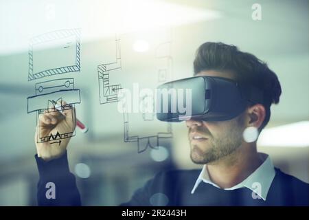 Architect, drawing and virtual reality for planning, blueprint on wall and design innovation for future construction project. Man, architecture Stock Photo