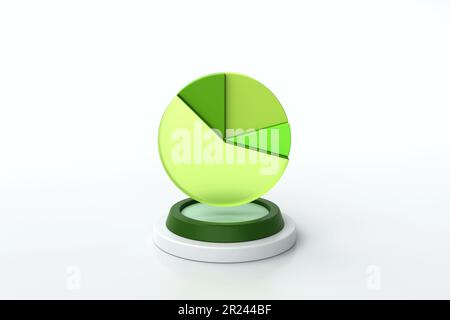 3d green pie diagram icon on white podium. Chart pie infographic share. Element Infographic is divided into parts. Realistic 3d geometric round shape Stock Photo