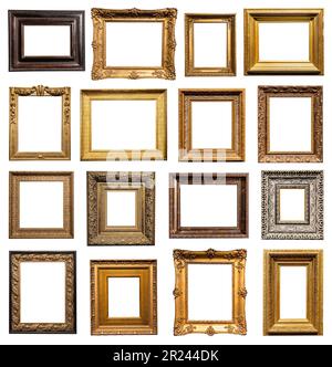 set of very wide old wooden picture frames isolated on white background with cut out canvas Stock Photo