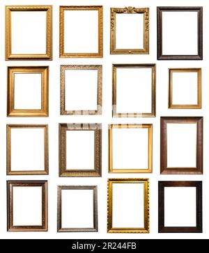 set of vertical old wooden picture frames isolated on white background with cut out canvas Stock Photo