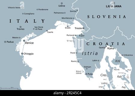 Gulf of Venice, gray political map. Bay of water in the northern Adriatic Sea limited by Venetian Lagoon in Italy, and Istrian Peninsula in Croatia. Stock Photo