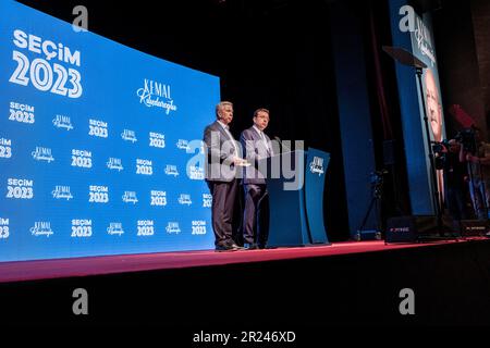 Ankara, Turkey. 14th May, 2023. Istanbul Metropolitan Mayor Candidate Ekrem Imamoglu (R) and Ankara Metropolitan Mayor Mansur Yavas (L) are speaking to their supporters. According to unofficial data, the election was left to the second round in Turkey, which is going to be a critical election. The race between the People's Alliance candidate Recep Tayyip Erdogan and the Nation's Alliance candidate Kemal Kilicdaroglu continued until the morning. (Credit Image: © Bilal Seckin/SOPA Images via ZUMA Press Wire) EDITORIAL USAGE ONLY! Not for Commercial USAGE! Stock Photo