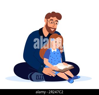 Loving Father and daughter reading book together.Dad hug Child Girl.Spend time together.Love and trust of mom,child.Supporting, Family relationships.F Stock Photo