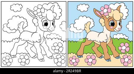 Cute happy lamb in a blooming meadow. Vector cartoon illustration. Kids coloring page with a color sample. For print, design, poster, sticker, card, d Stock Vector