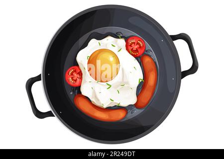 Fried egg sausages and tomatoes on skillet top view in cartoon style isolated on white background. Breakfast meal. Vector illustration Stock Vector