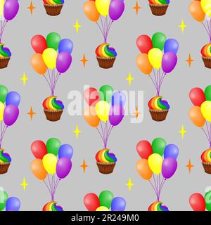 Bundles of colorful balloons, stars and rainbow cupcakes on a gray background. Childish seamless pattern. For fabric, wrapping, wallpaper. Vector Stock Vector