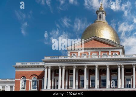 Boston, MA, USA-August 2022; Low angle partial view of Massachusetts State House which is the state capitol and seat of government Stock Photo