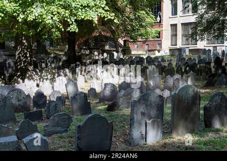 Boston, MA, USA-August 2022; View over the many grave markers of Granary Burying Ground on Tremont Street Stock Photo