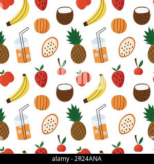 Cute doodle summer seamless pattern with fresh juicy fruits and cocktails. Vegetarian and shops concept. Stock Vector