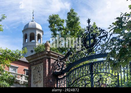 Boston, MA, USA-September 2022; Low angle partial view of Johnston Gate in Georgian Revival design which is the main entrance to the Harvard Yard Stock Photo