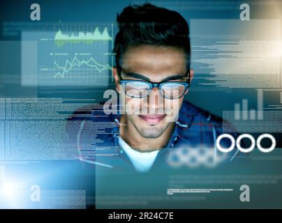 Stats, overlay and a man with data for coding, programming or cloud computing at night in an office. Business, dark and a programmer with a network of Stock Photo