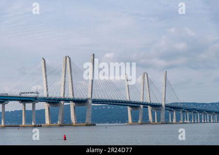 Tarrytown, NY, USA-September 2022; Panoramic view over Hudson River towards twin cable-stayed Tappan Zee Bridge Stock Photo
